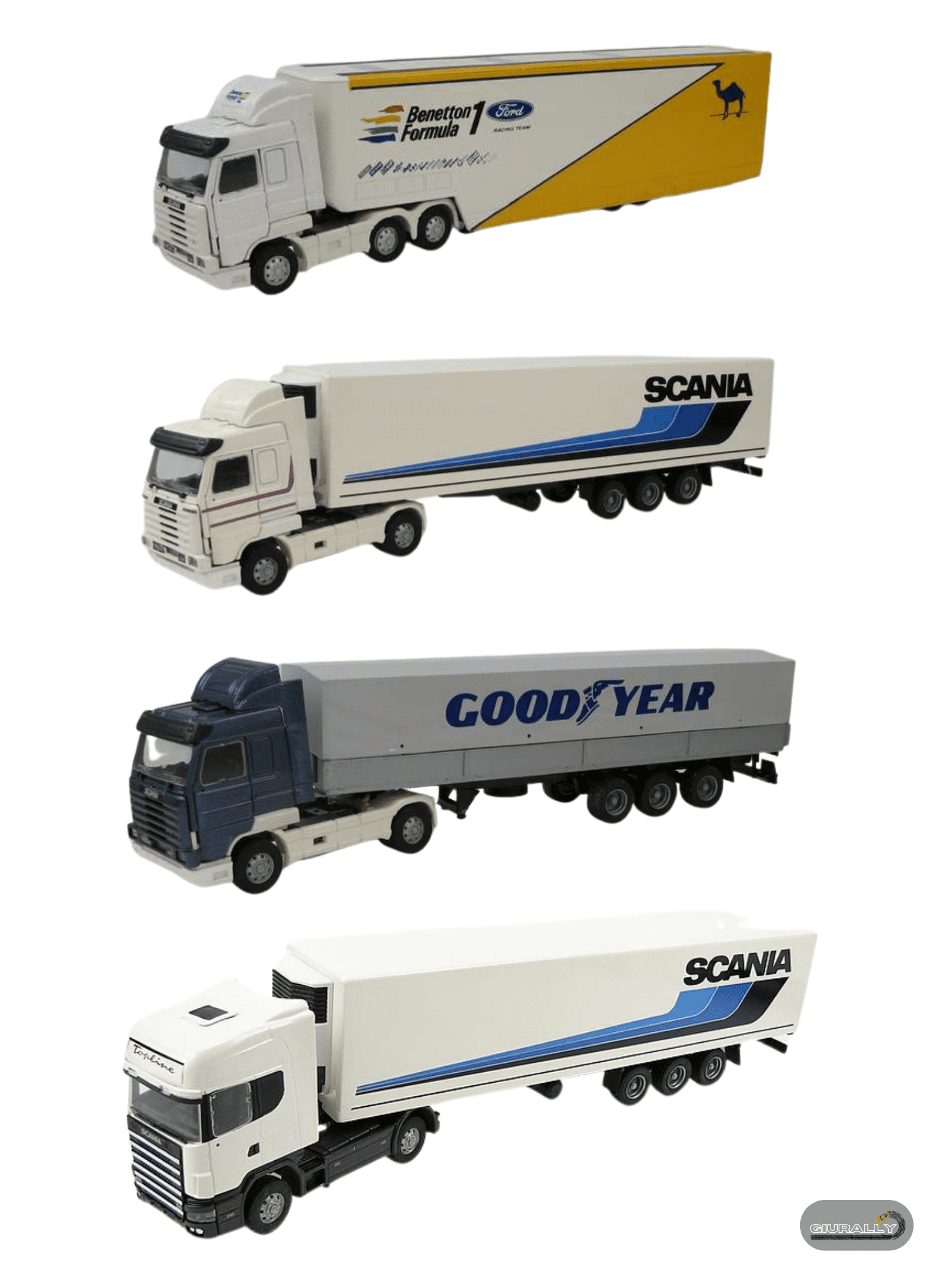 Negli anni Novanta Old Cars inserisce a catalogo alcune varianti dello Scania 143M, compreso quello del Team Benetton Formula 1. In basso un 144L.