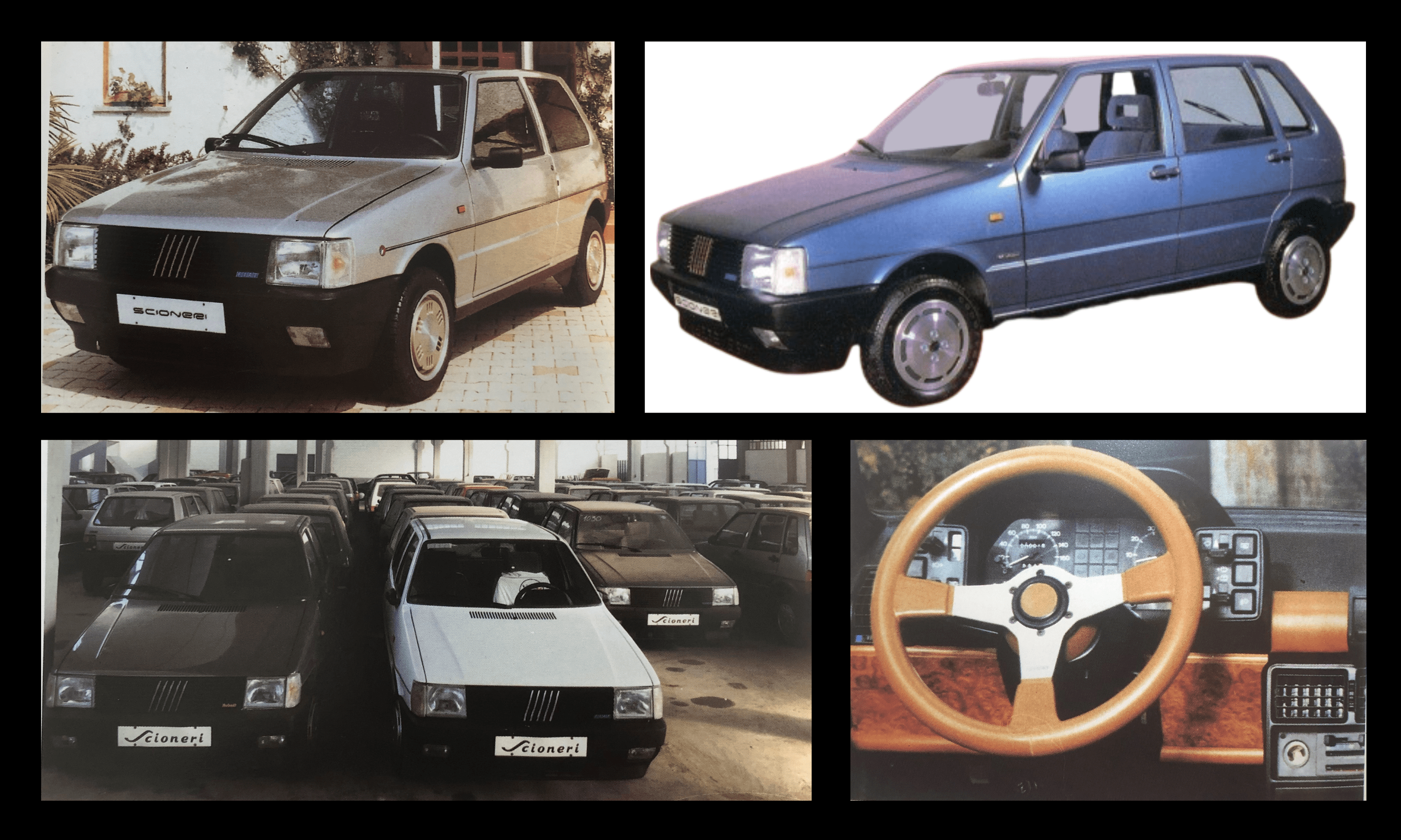 Le Uno Scioneri potevano essere personalizzate con inserti in legno. Le coppe ruota in ferro diamantato simulano l’effetto dei cerchi in lega.